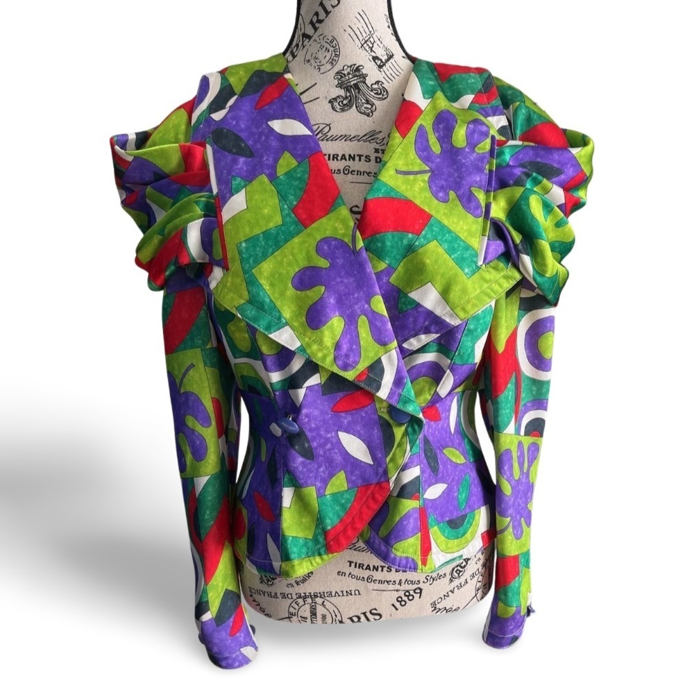 Vintage 80s Parisian Maximalism Green purple red Architectural Shoulder Jacket